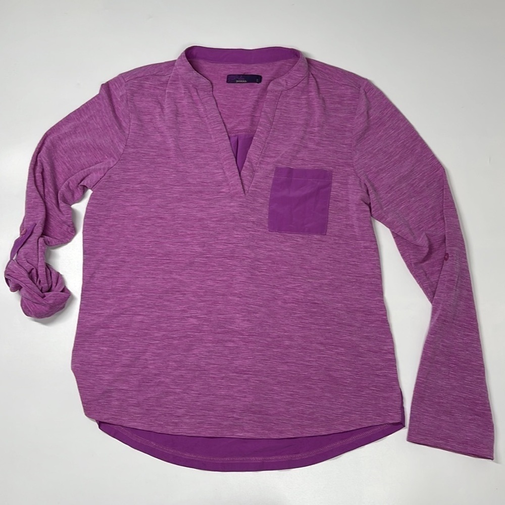 Prana Women's Purple Roll Tab Sleeve V-Neck Pocket Top Size S